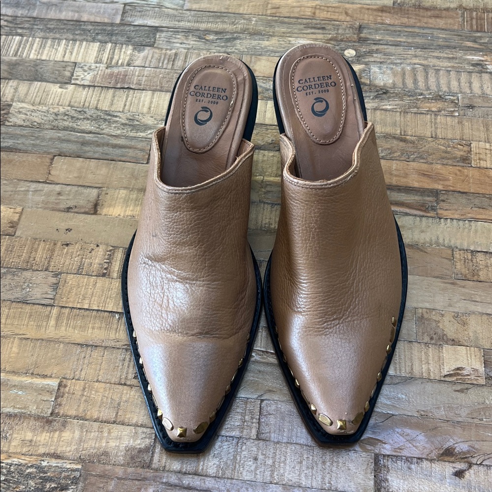 New! Calleen Cordero Women's camel studded Leather Mules. Versatile and stylish!